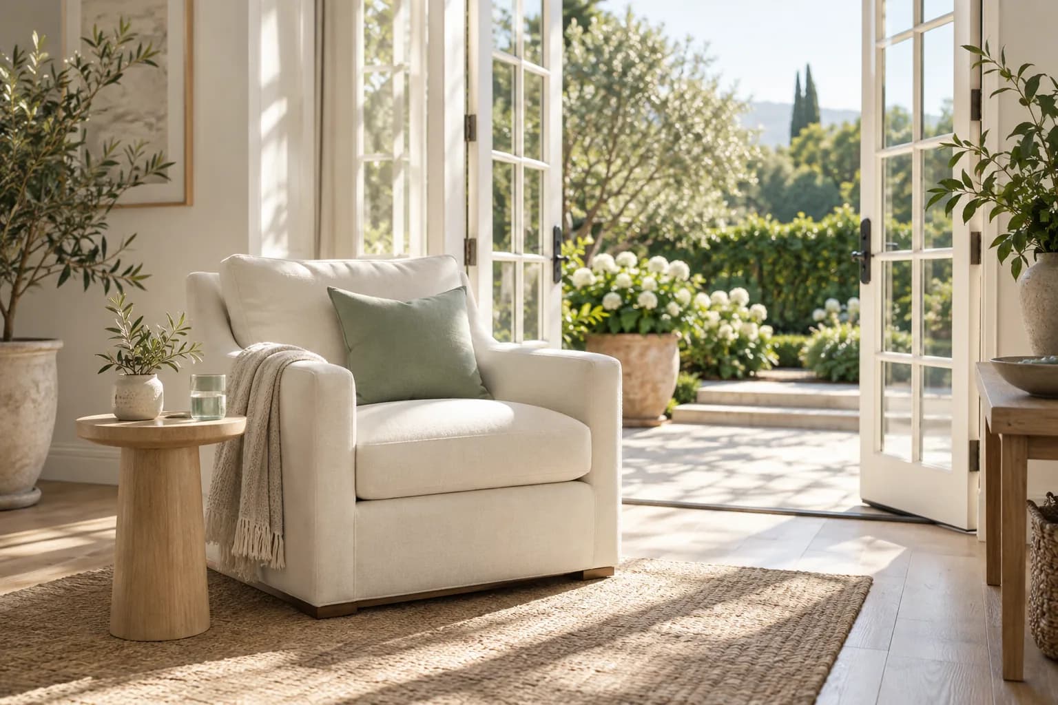 Illustrative home sitting area with an armchair beside a sunlit garden doorway