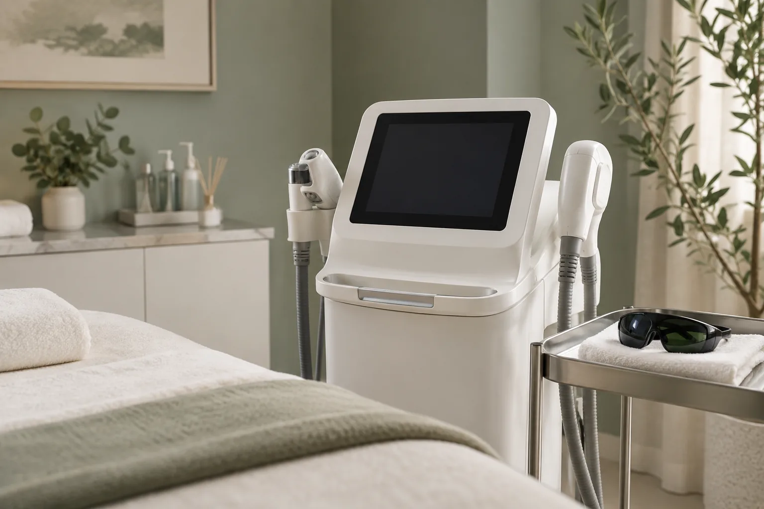 Illustrative skincare equipment and protective goggles in a neutral treatment setting