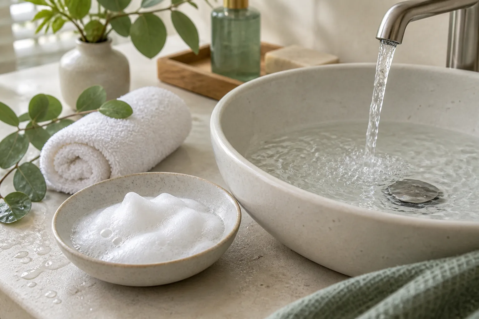 Illustrative facial-cleansing setting with foam, water and a cotton cloth